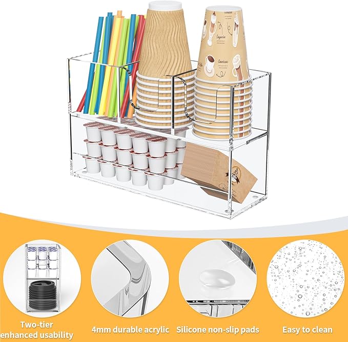 Coffee Condiment and Cup Organizer - 2-Tier Upright Cup and Lid Holder with Straw Organizer 4 Compartments Clear Acrylic Cup Dispenser for Restaurant Breakroom Coffee Station Countertop