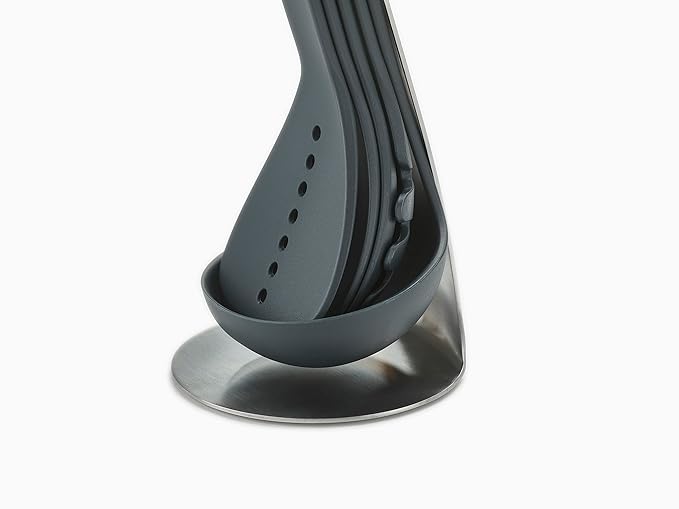 Joseph Joseph Nest 5 Compact Stacking Utensils kitchen tool set with magnetic storage stand, organization, dishwasher safe - Black/Stainless Steel