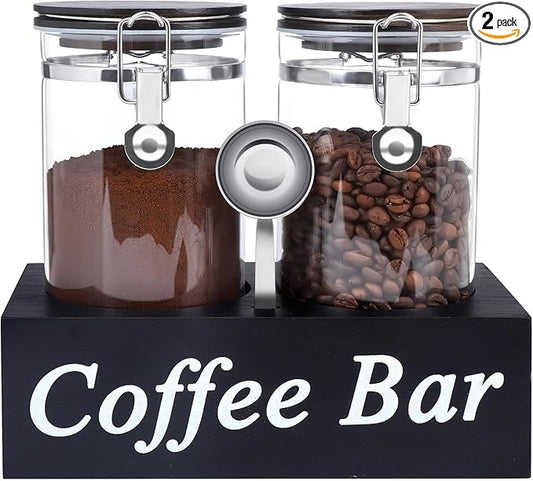 WYTAOHZL 2PCS Glass Coffee Containers with Shelf 54 oz Coffee Station Organizer Glass Bean Storage with Spoon Canister Set Jars with Airtight Locking Clamp for Bean Sugar Nuts