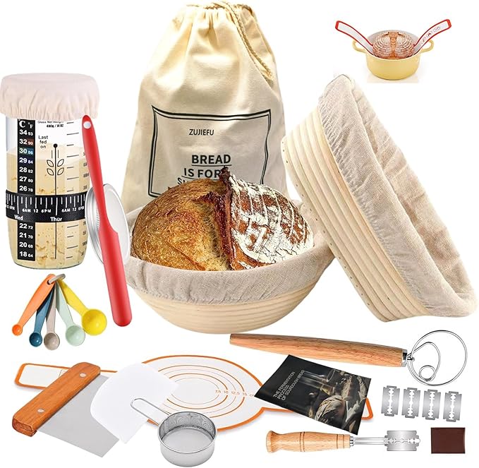 Sourdough Starter Kit with Proofing Baskets - 24oz Glass Jar, 9" Round & 10" Oval Banneton Set, Dough Whisk, Scraper & Baking Tools for Artisan Bread Making (Includes Temperature Guide)