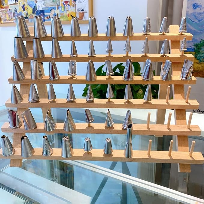 Foldable Lcing Frosting Nozzles Organizer Wood Piping Tips Shelf, Pastry Tips Rack Holder Stand for Kitchen, Baking Tools