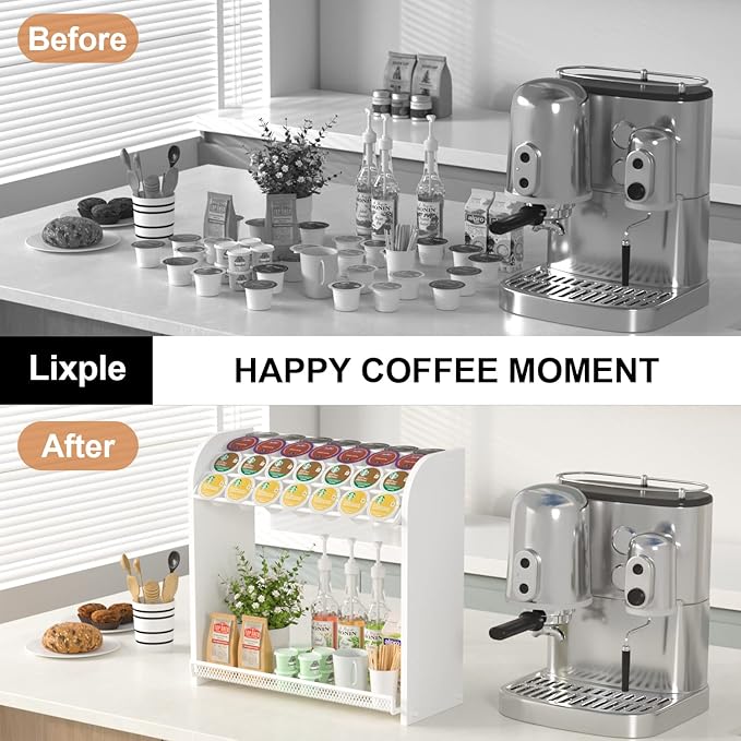 Coffee Pod Organizer for Countertop, Bamboo K Cup Holder, Easy Assembly Coffee Station Organizer for Home Office Coffee Bar, White