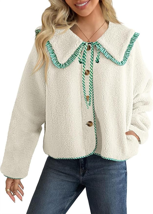 Tankaneo Womens Fuzzy Fleece Jacket Peter Pan Collar Button Down Fall Winter Sherpa Coats Colorblock Cute Warm Outerwear