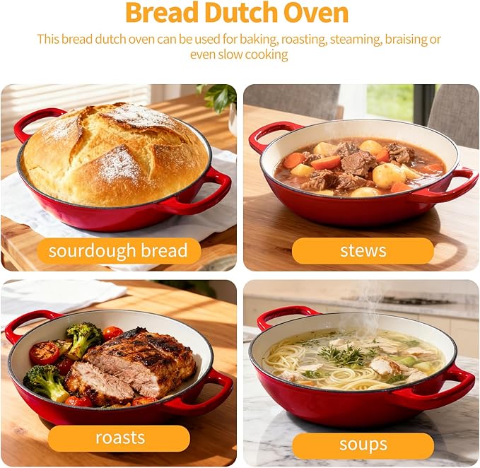 ONKO Dutch Oven For Sourdough Bread Baking, 6QT Enameled Cast Iron Dutch Oven Pot With Lid, Non-stick Sourdough Baking Pan with Bread Dome, Round Ceramic Dutch Ovens Pot with Cloche for Homemade