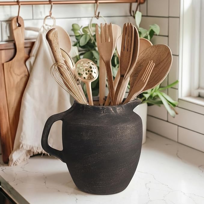 Rustic Kitchen Utensil Holder with Handle,7 Inch Ceramic Vintage Utensil Crock for Countertop, Farmhouse Kitchen Decoration Ceramic Pot for Spatulas Spoons Tongs(Novelty,Antique Black Gold)