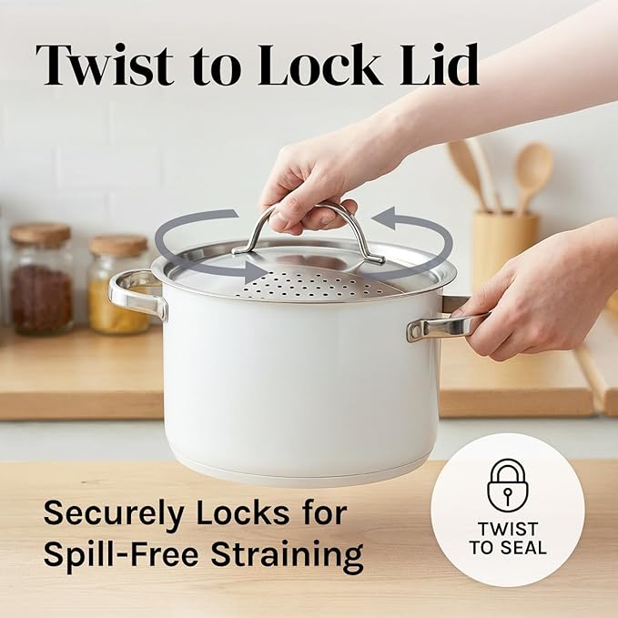 Pasta Pot with Strainer Lid - 5.5 Quart Large Spaghetti Pot - Twist & Lock for Easy Drain & No Colander Or Strainer Basket Insert Needed - Dishwasher Safe Pots