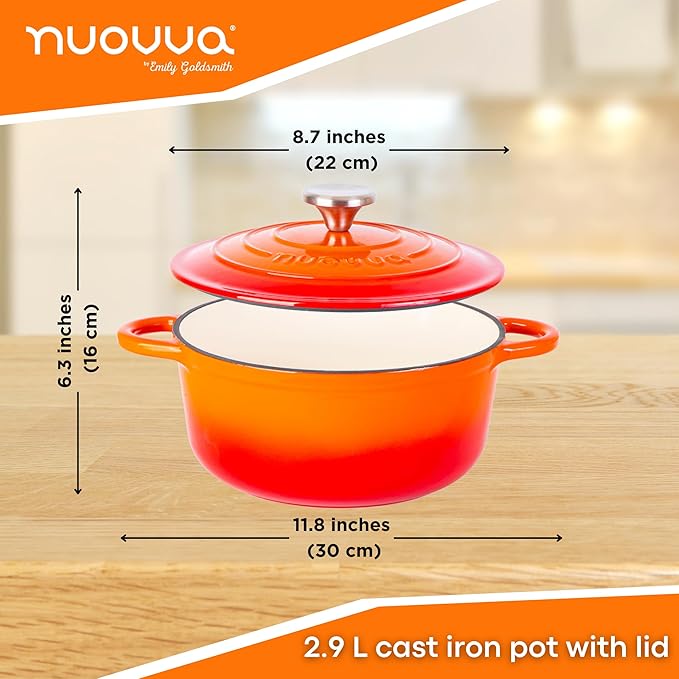 Cast Iron Dutch Oven with Lid – Non-Stick Ovenproof Enamelled Casserole Pot – Sturdy Dutch Oven Cookware – Orange, 3.1-Quart, 22cm – by Nuovva