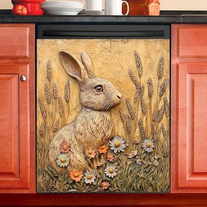 Easter Bunny Dishwasher Magnet Cover, Rabbit Flowers Refrigerator Magnetic Vinyl Sticker for Dishwasher Door, Rustic Farmhouse Floral Decorative Kitchen Appliance Panel Decal, 23Wx26H Inches