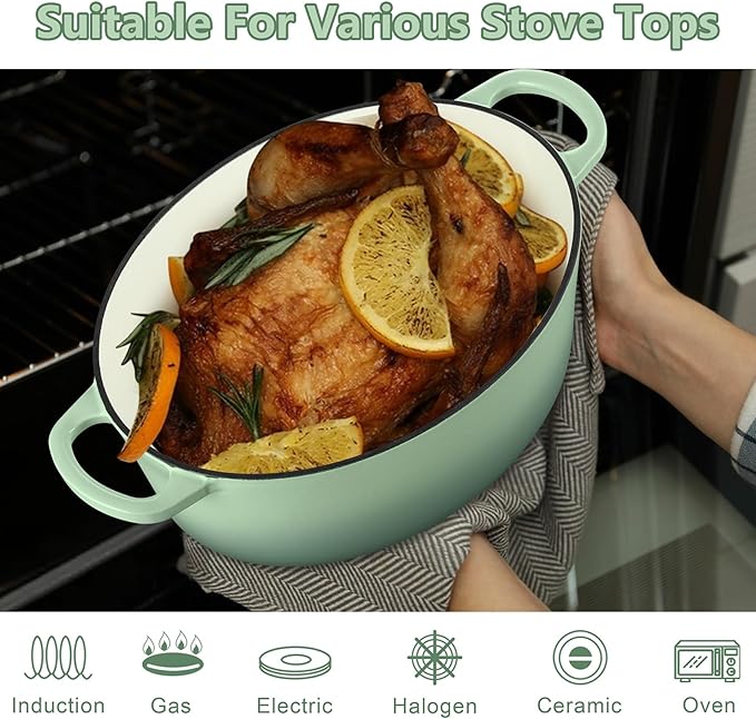 TeamFar 7QT Oval Dutch Oven, Enameled Cast Iron Dutch Oven Pot with Lid, For Bread Baking/Stewing/Braising/Frying, Suitable for Various Stoves, Non-stick & Easy Clean, Pistachio Green