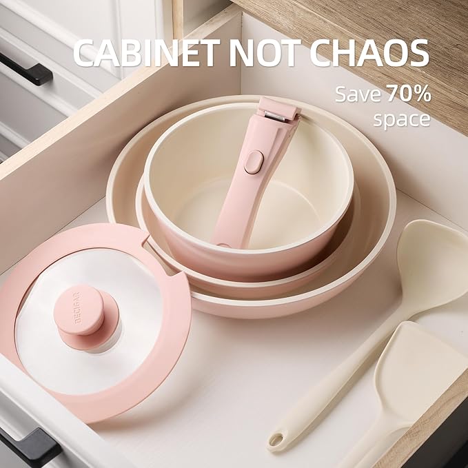 8PCS Ceramic Cookware,Nonstick Ceramic Pan, Removable Handle Pots and Pans Set, Stackable Pan Set, Nonstick Pots and Pans Set Non Stick pot(Pink)