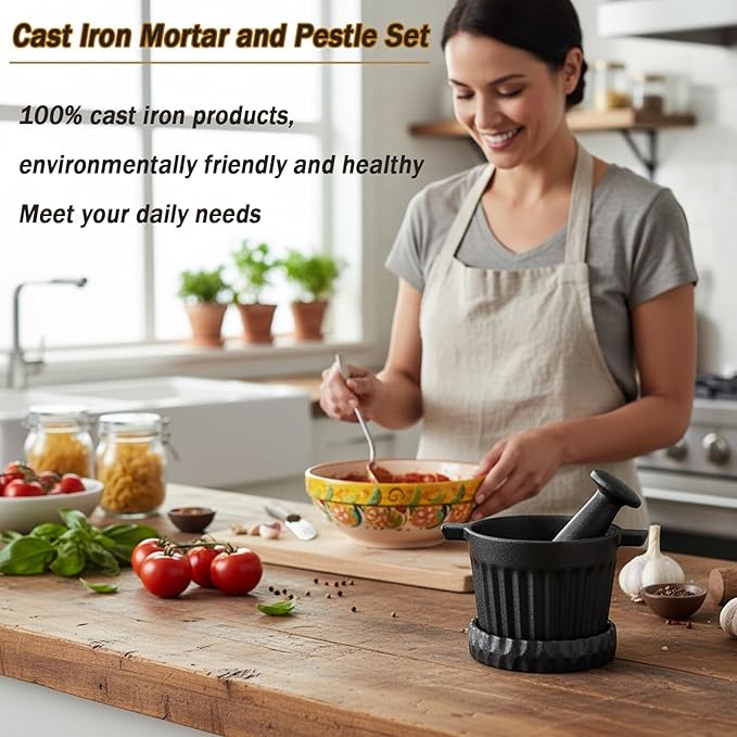 Wood Stove Steamer & Cast Iron Mortar Pestle Set Bundle - 2-in-1 Dual-Layer Humidifier with 3-Piece Grinder Kit for Steaming, Spices, Guacamole, Eco Home & Kitchen