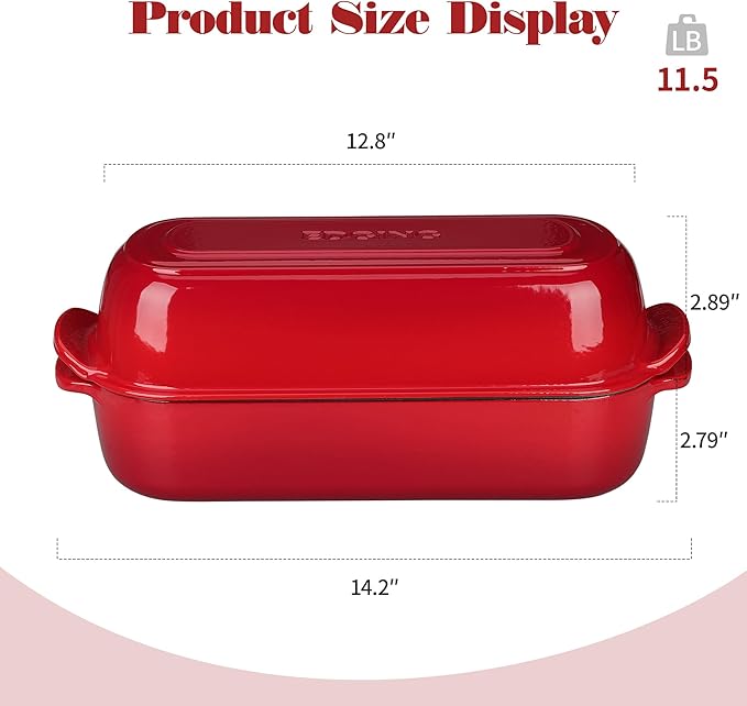 Enameled Cast Iron Loaf Pan with Lid, Bread pan, Dutch Oven Bread pan for Homemade Sourdough Bread Baking, 12.5x5.5 inch, 5qt, Red