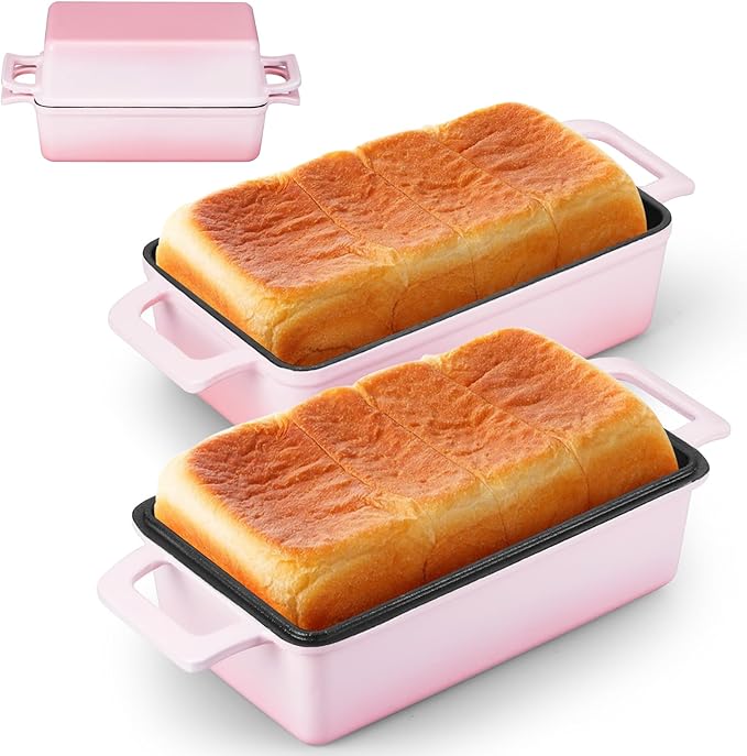 Leonyo Cast Iron Loaf Pan 2 Piece Set, 9x5 inch Enameled Cast Iron Bread Pan with Lid, 2-in-1 Homemade Sourdough Bread Dutch Oven for Pound Cake, Lasagna, Up to 500℉ & Pink