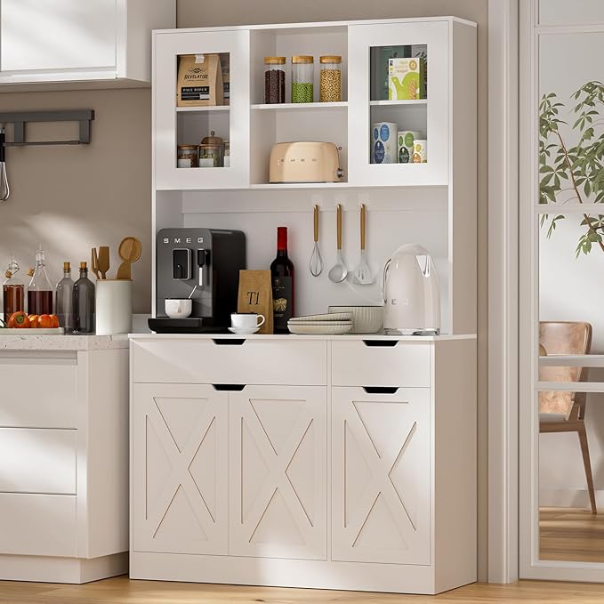 71" Tall Kitchen Pantry Storage Cabinet Large Farmhouse Hutch Cabinet with Microwave Stand, Charging Station, Adjustable Shelves, Countertop for Dining Room, Living Room, White