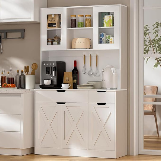 71" Tall Kitchen Pantry Storage Cabinet Large Farmhouse Hutch Cabinet with Microwave Stand, Charging Station, Adjustable Shelves, Countertop for Dining Room, Living Room, White