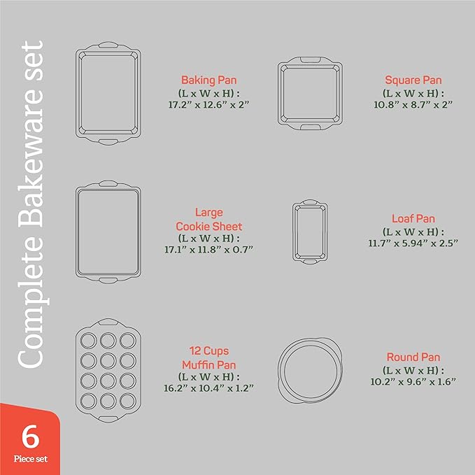 Baking Pan Set - Nonstick Coating, Carbon Steel Bakeware Sets with Gray Silicone Handles, PFOA, PFOS, PTFE Free, Recipe Booklet Included, Oven Safe Tray (Up To 450° F), Set of 6 - Gray