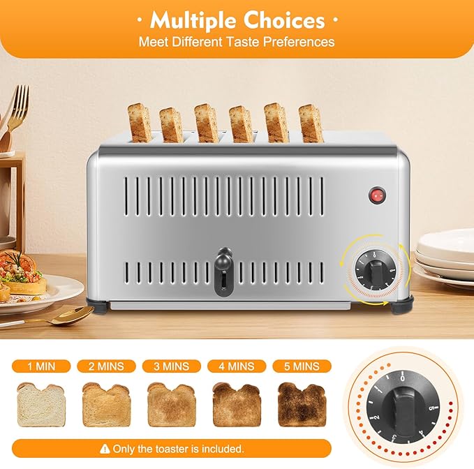 6 Slice Toaster Bread Baking Machine, Stainless Steel Toasters Digital Timer, Wide Slot and Removable Crumb Tray, Commercial Toaster for Precise Timing Restaurant/Home, 1680W