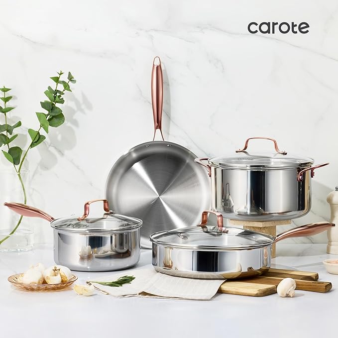 CAROTE 23PCS Tri-Ply Fully Clad Stainless Steel Cookware Set, Pots and Pans Set with Tempered Glass Lids, Induction Compatible, Oven & Dishwasher Safe