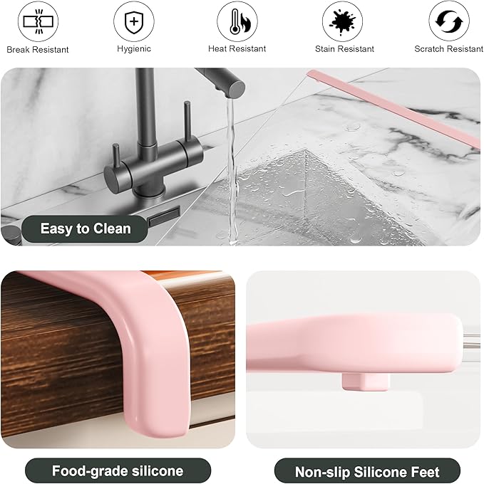 New & Improved Clear Tempered Glass Cutting Board for kitchen with Counter Lip, Large Cutting Board, Glass Chopping Board, Scratch-Resistant, Non-Slip (Pink)