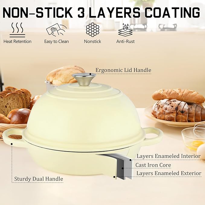 Enameled Cast Iron Bread Oven, Dutch Oven Pot with Lid, 10" Bread Dutch Oven for Sourdough Bread Baking, 6 Quarts Bread Pan with Dome Lid, Non-stick Cookware for Homemade Bread, Beige
