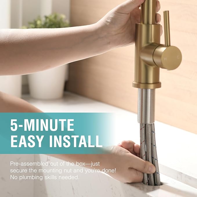 Modern Bar Sink Faucet for Kitchen Sink Single Handle with Pull Out Sprayer Hot and Cold Prep Sink Faucet Brushed Gold