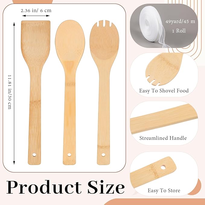 72 Pcs Bamboo Spatula Wooden Kitchen Utensil Bulk 12''wood Spoon Spatula for Cooking with Ribbon Bridal Baby Shower Game Prize Wedding Party Favors Housewarming Gift (Various Style)