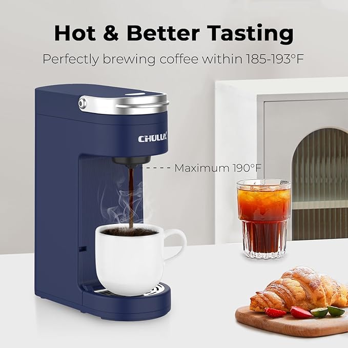 CHULUX Slim Single Serve Coffee Maker for K Pods, One Cup Coffee Maker Fits 7.3" Travel Mugs, Coffee Machine with 6 to 12oz Brew Sizes, Navy Blue
