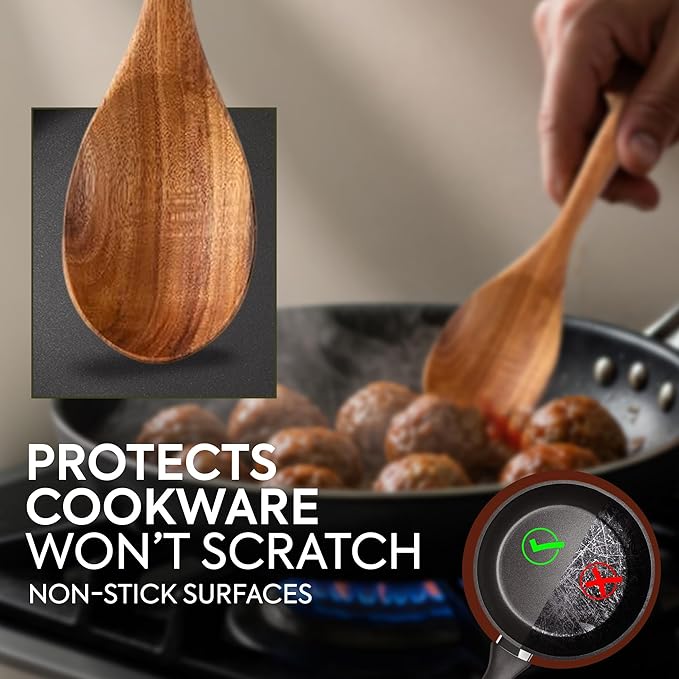 Premium Teak Wooden Spoon for Cooking with Large Spoon Rest - 12" Long Handle, Essential Wood Utensil Set for Kitchen & Perfect for Gifts