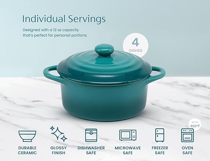 Kook Ceramic Mini Cocotte Set, Small Casserole Dishes with Lids and Handles, Individual Baking Ramekins, Oven safe 500F, Microwave & Dishwasher Safe, Stoneware, 12 oz, Set of 4, (Aqua Ombre)