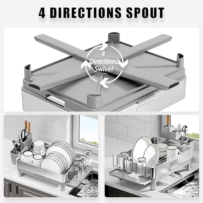 Ewaiira Dish Drying Rack, 304 Stainless Steel Dish Racks for Kitchen Counter, Dish Drainers with Automatic Drainage, Utensil Holder & Cups Holder, Space Saving Kitchen Organizer, Gray