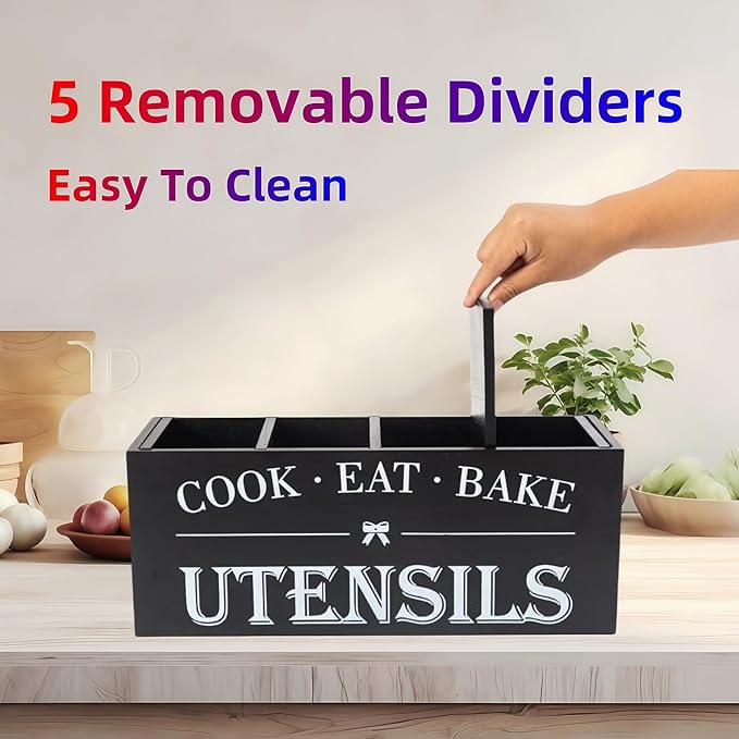 Utensil Holder,Extra Large Wooden Utensil Holder For Kitchen Counter,Cooking Spatula Organizer,Big Storage Caddy With 4 Compartments Flatware Spoon Tool Cutlery (Black)
