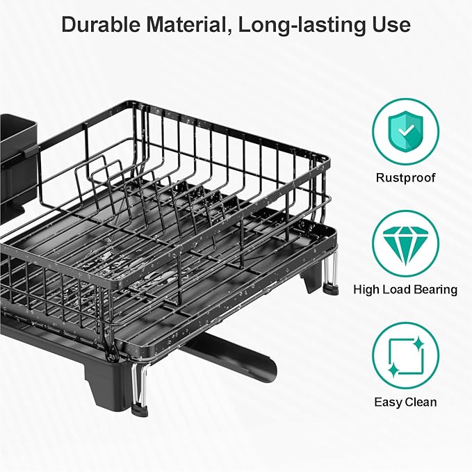 Swedecor Extendable Dish Drying Rack - Large 2-in-1 Dish Racks for Kitchen Counter with Drainboard & Pan Slots, Anti-Rust Over Sink Dish Drainer, 12.6" to 22.4" L x 16.7" W, Black