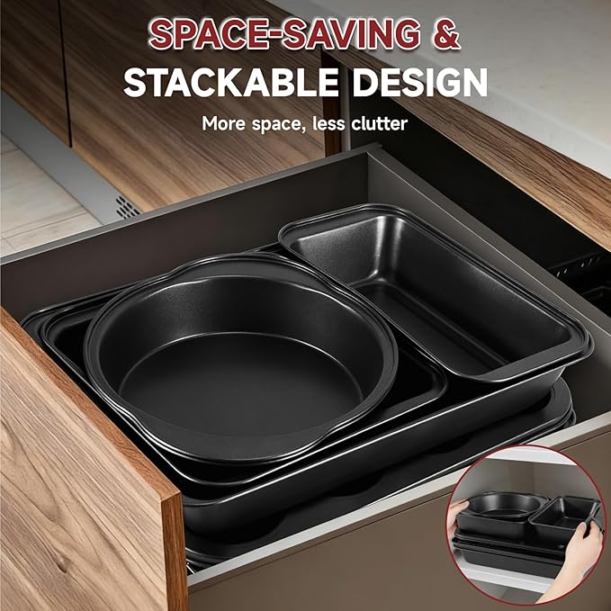 Unokit 8-Piece Nonstick Baking Pans Set - Stainless Steel Bakeware Set for Cooking, Stackable Trays with Cookie Sheets, Muffin, Cake, Loaf, Round & Square Pan and Cooling Rack, Dishwasher & Oven Safe