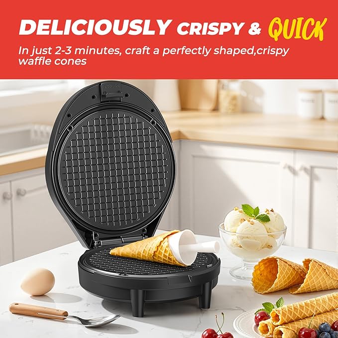 Waffle Cone Maker and Ice Cream Cone Maker with Cone Roller, 1000W Double Side Even Heating Thin Waffle Maker, Makes Crispy Waffle Cones, 7.5" Nonstick Plate Waffle Cone Maker Machine, Easy to Clean