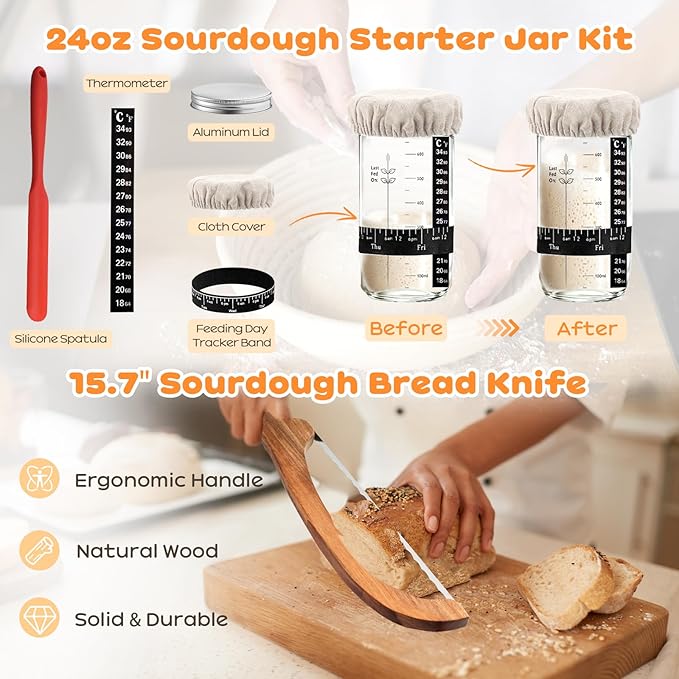 Sourdough Starter Kit, 9" Round & 10" Oval Banneton Bread Proofing Basket, Sourdough Bread Baking Supplies with Sourdough Starter Jar & Bread Slicer, Sour Dough Kit Gifts for People Who Love Baking