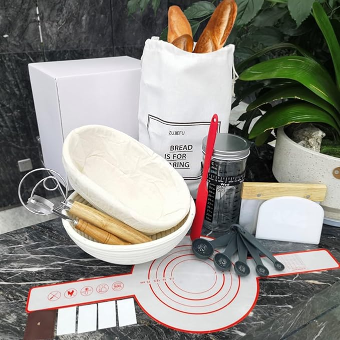 Sourdough Starter Kit with Proofing Baskets - 24oz Glass Jar, 9" Round & 10" Oval Banneton Set, Dough Whisk, Scraper & Baking Tools for Artisan Bread Making (Includes Temperature Guide)