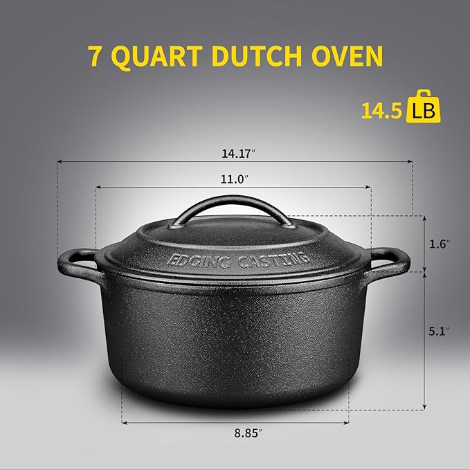 Pre-Seasoned Cast Iron Dutch Oven Pot with Lid Dual Handle, Sourdough Bread Baking Pots, Bread Oven, Camping, Grill, Induction, Electric, Round 7 Quart, Black