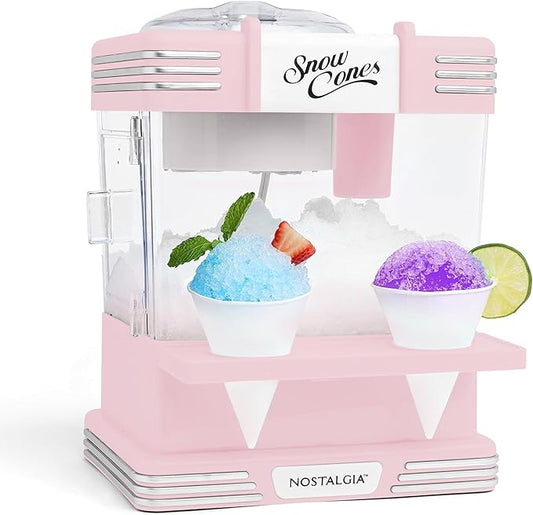 Nostalgia Retro Snow Cone Maker – Countertop 5-qt Shaved Ice Machine – Stainless Steel Blades – Includes 2 Reusable Cups, Ice Scoop, & Sid Shelf – Pink