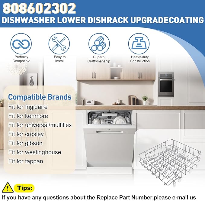 UPGRADED 808602302 Lower Dishrack Assembly Compatible with frigidaire & kenmore Dishwashers Rack,Dishwasher Lower Dishrack With 154174501 Wheels Replaces 154432602 154432601 Dishwasher Bottom Rack