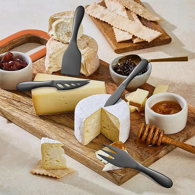 Black Butter Knives Set 7 Pieces Stainless Steel Kitchenware Utensils Gadgets include cheese Knife, Cheese Spreader, Cheese Forks, Cheese Slicer, Cheese Cutter, Butter Knife
