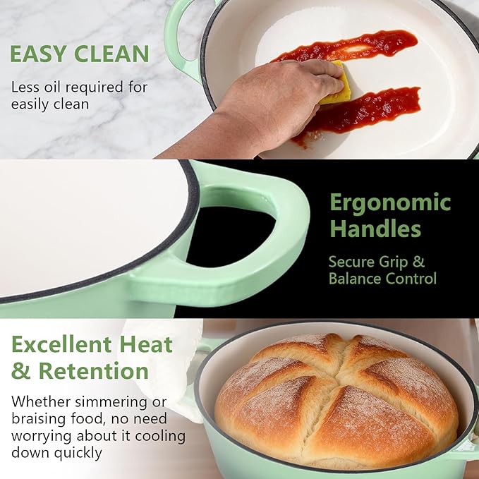 P&P CHEF Oval Dutch Oven with Lid, Enameled Cast Dutch Oven Pot for Bread Baking, Braising, Stewing, Roasting, Non-Stick & Oven Safe, Dual Handles & Easy Clean, 7QT & Pistachio Green, Valentine's Day