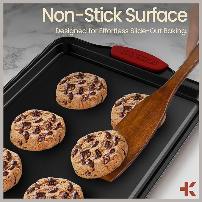 Baking Set – 8 Piece Kitchen Oven Bakeware Set – Deluxe Non-Stick Black Coating Inside and Outside – Carbon Steel – Red Silicone Handles – PFOA PFOS and PTFE Free by Bakken