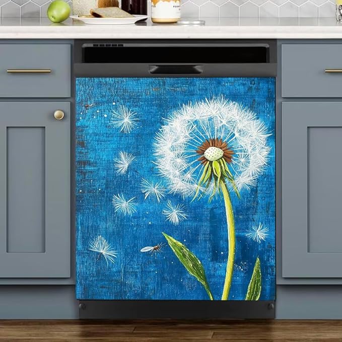 Dandelion Dishwasher Magnet Cover, Rustic Farmhouse Refrigerator Magnetic Vinyl Sticker for Dishwasher Door, Floral Decorative Kitchen Appliance Panel Decal, 23Wx26H Inches