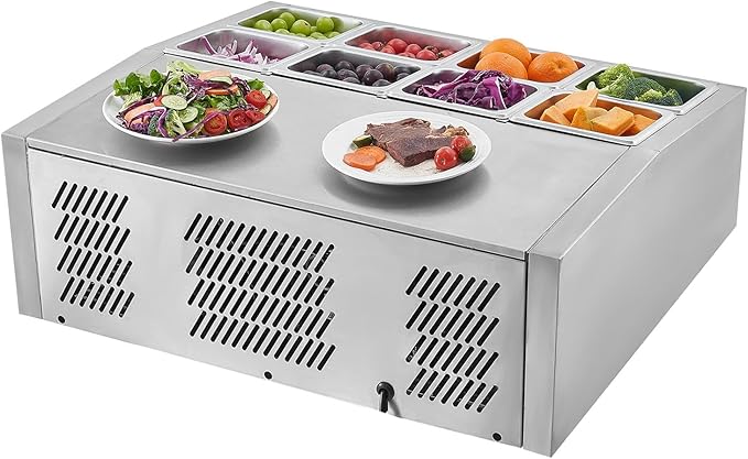 VEVOR Refrigerated Condiment Prep Station, 150 W Countertop Refrigerated Condiment Station, with Eight 1/6 Pans, 304 Stainless Body and PC Lid, Sandwich Prep Table, for Restaurant & Food Stall