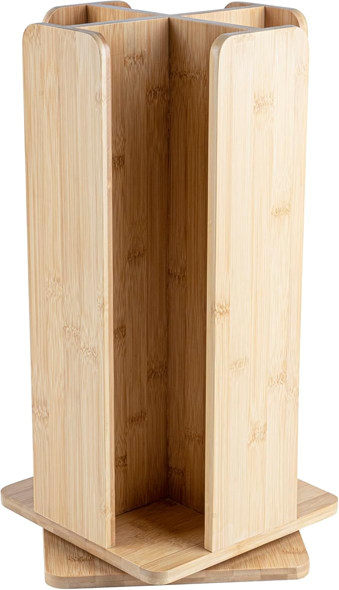 Restaurantware Restpresso 9 x 18 Inch Coffee Cup and Lid Organizer 1 Revolving Cup and Lid Holder - 4 Section Countertop Natural Bamboo Cup and Lid Dispenser For Restaurants Homes or Offices