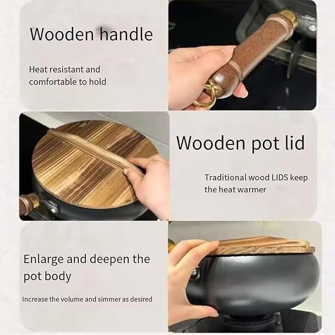 Uncoated Thick Iron Pot, Japanese Iron Pots for Cooking, Uncoating Cast Iron Pot, Hand Forged Iron Pan with Lid Stir Fry Wok Skillet, High Purity Frying Pans for Home Kitchen (Wooden Lid, 11in)