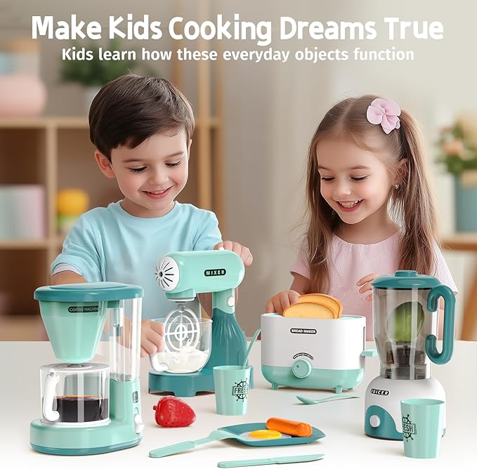 Kids Play Kitchen Accessories Toys Set, Pretend Play Kitchen Appliances Kit - Blender, Coffee Maker, Mixer, Toasters with Light & Sound, Playhouse Role Play Toy Gift for Girl Ages 3 4 5 6