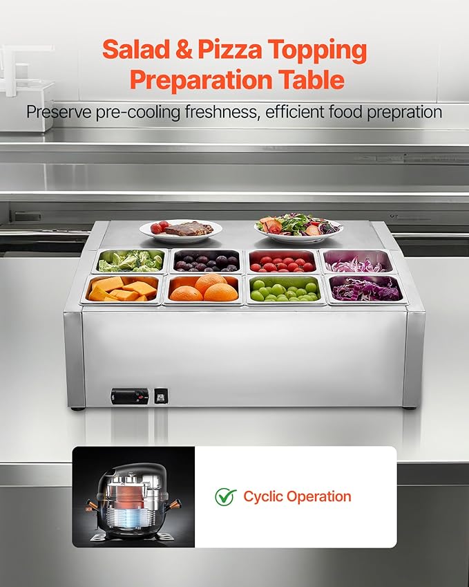 VEVOR Refrigerated Condiment Prep Station, 150 W Countertop Refrigerated Condiment Station, with Eight 1/6 Pans, 304 Stainless Body and PC Lid, Sandwich Prep Table, for Restaurant & Food Stall