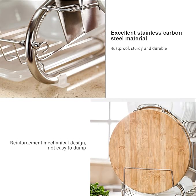 2 Tier Dish Racking System with Removable Drain Board - Sturdy Steel Kitchen Counter Organizer for Efficient Drying and Utensil Storage