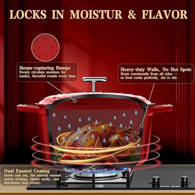 Enameled Cast Iron Dutch Oven - 5 Quart, Exclusive Designed Crab Lid, Oversized Knob, for Bread Baking Braiser Cooking - Red